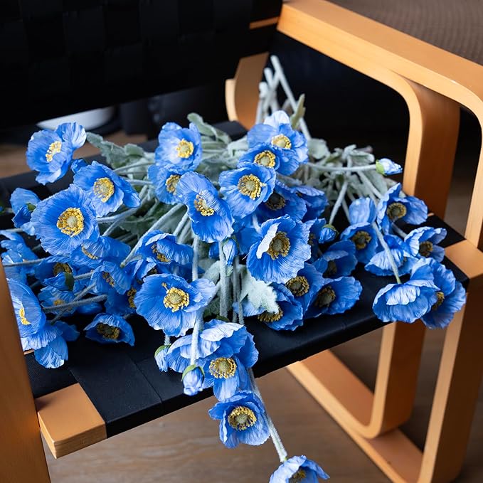 DUYONE Artificial Flowers 6 Stems Poppy Silk Bouquet,for Wedding, Home, Party Decoration,Table Centerpiece Arrangement(Blue)