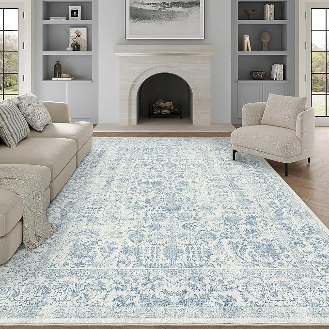 PureCozy Blue Area Rug 9x12 Machine Washable Large Vintage Living Room Distressed Non Slip Carpet Traditional Indoor Bedroom Retro Floral Accent Throw Rug for Office Kitchen Dining Room
