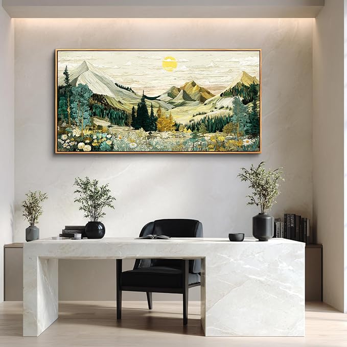 XIGUANGART Mountain Framed Wall Art,Large Canvas Wall Art - Floral Abstract Painting Decor, Vintage Flower Pictures,Modern Farmhouse Landscape Art Prints for Living Room Bedroom Office Home Decoration