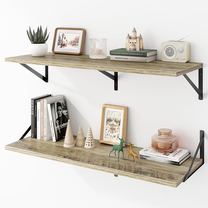 Acovy Deep Floating Shelves Wall Mounted, 36"x12" Gray Wall Shelves with Brackets Set of 2 for Bedroom, Living Room, Bathroom, Kitchen, Office - Storage & Display Shelf for Decor, Books, Plants