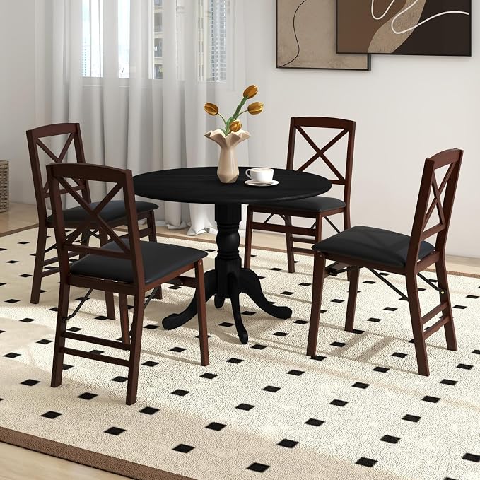 Giantex Round Dining Table, 39" D X 29" H, Rubber Wood Pedestal Table W/Round Tabletop & Curved Trestle Legs, 4-Person Dinner Table for Kitchen, Dining Room, Restaurant (Black)