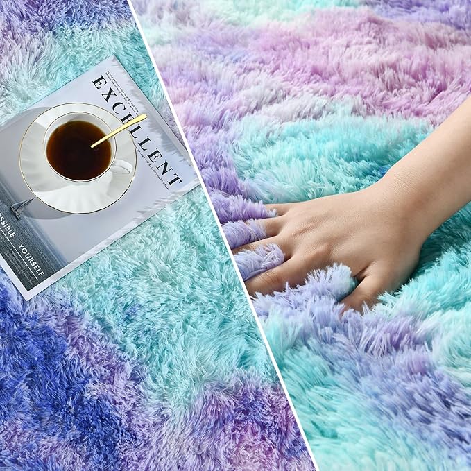 Deerhoo Shag Area Rug, 4 X 6 Tie-Dyed Plush Fuzzy Rugs for Living Room, Ultra Soft Fluffy Furry Rug for Bedroom, Indoor Carpet Nursery Rugs for Kids Room Home Decor, Rainbow