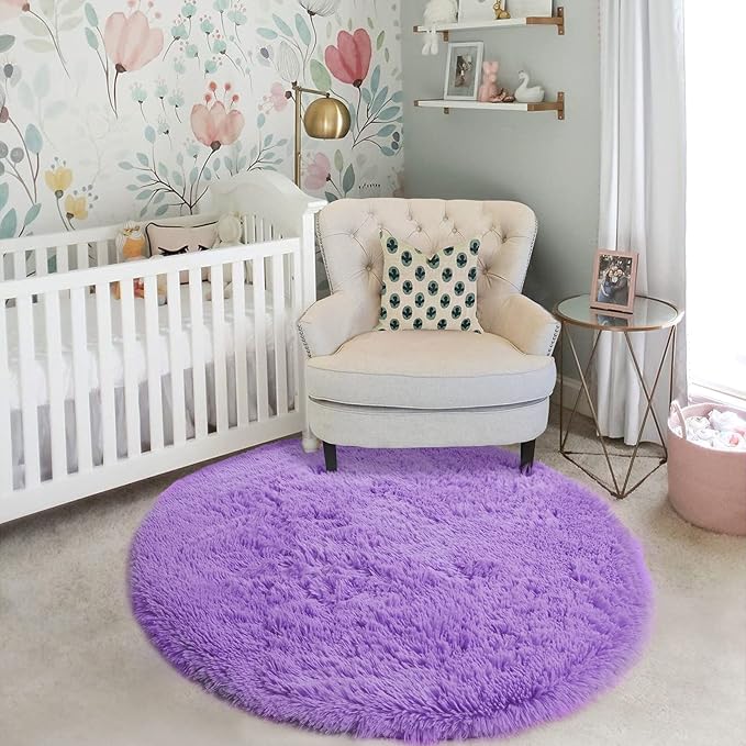 Amdrebio Purple Round Rugs 4Ft for Girls Bedroom Decor Aesthetic, Fluffy Fuzzy Circle Area Rugs for Kids Room, Soft Cute Furry Plush Shaggy Throw Lavender Carpet for Living Room, Baby Nursery, Dorm