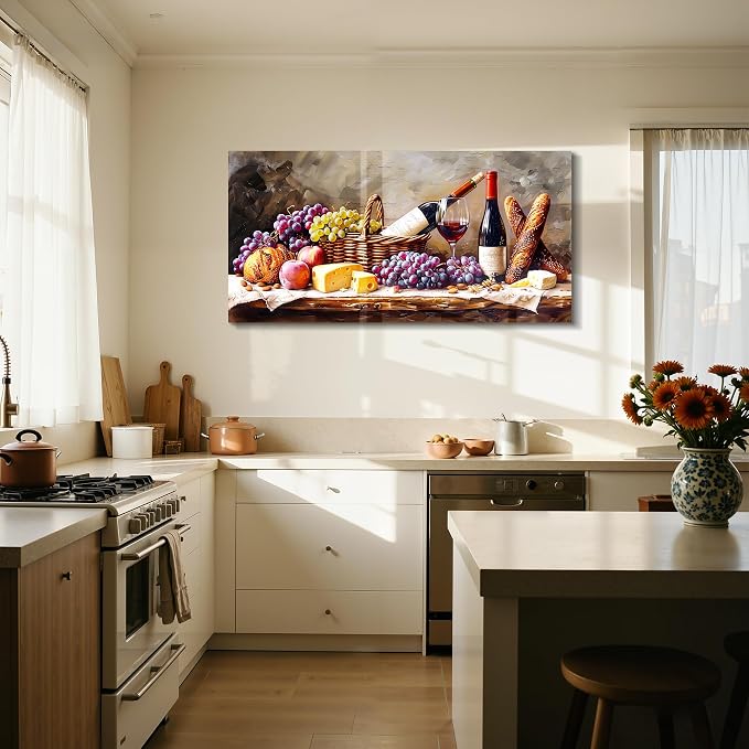imjiayu Large Wall Art, Kitchen Wall Art, Wine Pictures Wall Decor, Framed Rustic Oil Painting Style Canvas Print, Grape Cheese Bread Still Life Wall Decor, Vintage Dining Room Home Bar Cafe Wall Art, 29"x57"