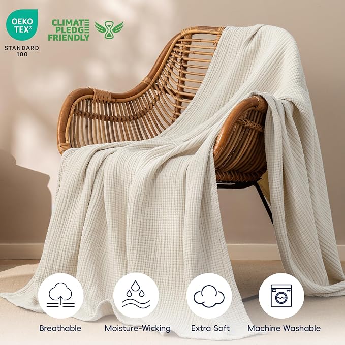 PHF 100% Cotton Muslin Blanket Twin XL Size 66"x90", 4-Layer Lightweight Gauze Throw, Breathable Cloud-Soft Minimalist Blanket for Bed, Couch, Camping & Baby, Oat Milk, Ideal Gift