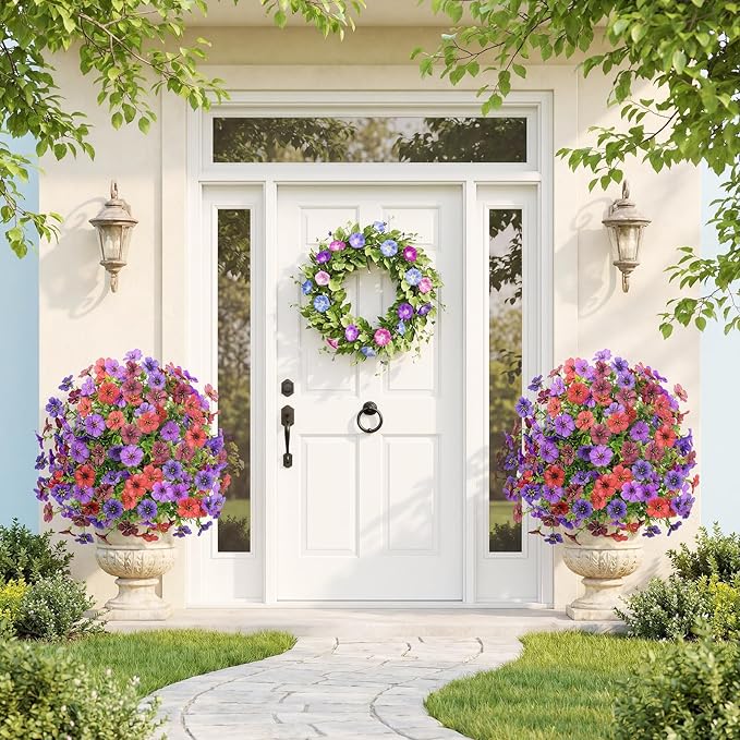 Alupssuc 4Pcs 20" Artificial Topiary Ball Flowers, Spring Outdoor Decoration with Spike, UV Resistant Faux Summer Plants, Fake Bushes Plants, Mix 4 Colors for Garden, Porch & Patio Decor