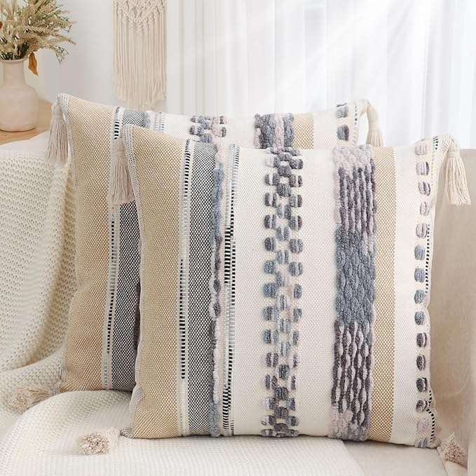 Simmore Boho Decorative Throw Pillow Covers 18x18 Set of 2, Tufted Farmhouse Pillow Covers with Tassels for Cozy Bohemian Couch Sofa Bedroom Home Decor, Grey