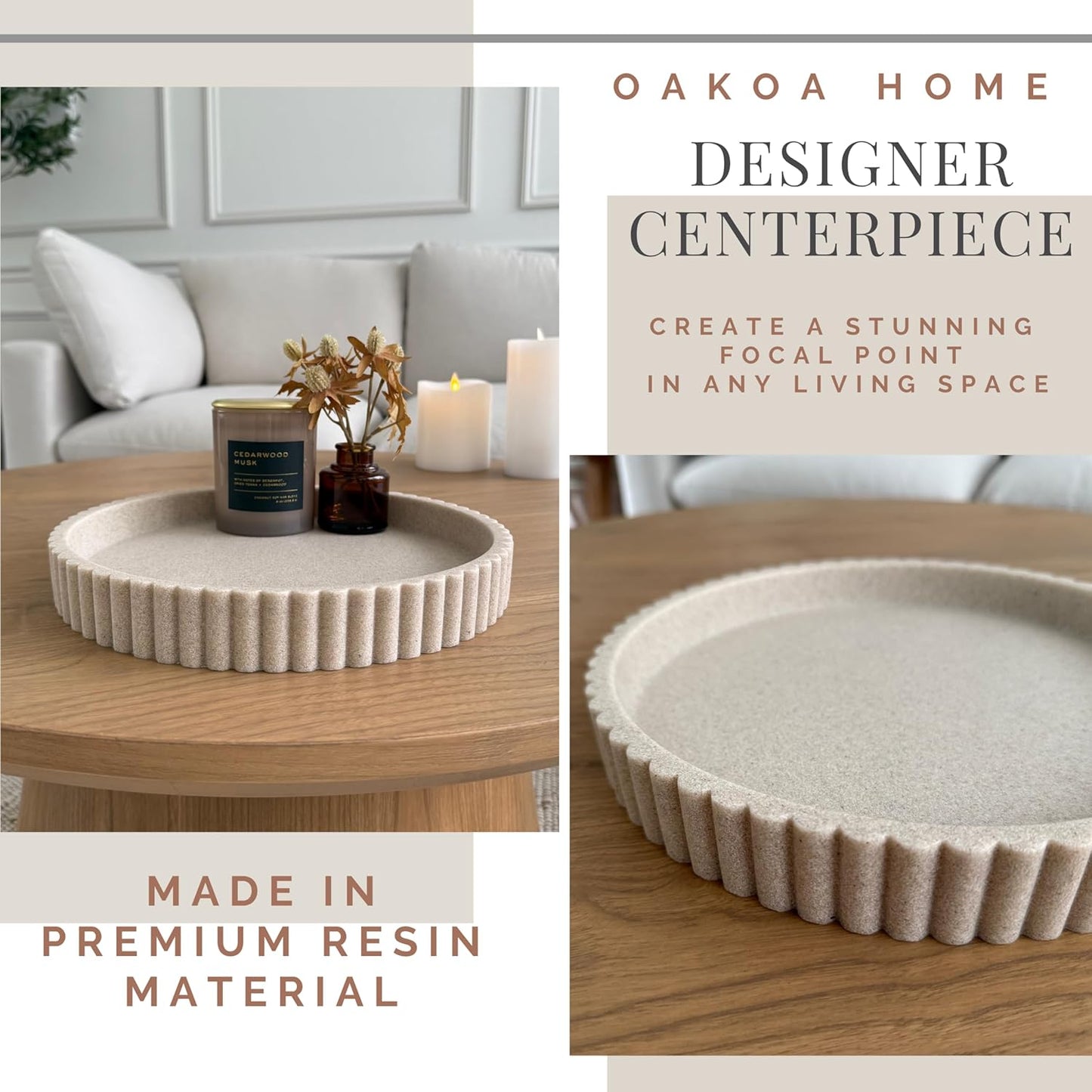 OAKOA Beige Resin Decorative Trays for Decor - Coffee Table Decor Tray Ottoman Tray for Living Room - Nightstand Round Table Centerpiece for Candle