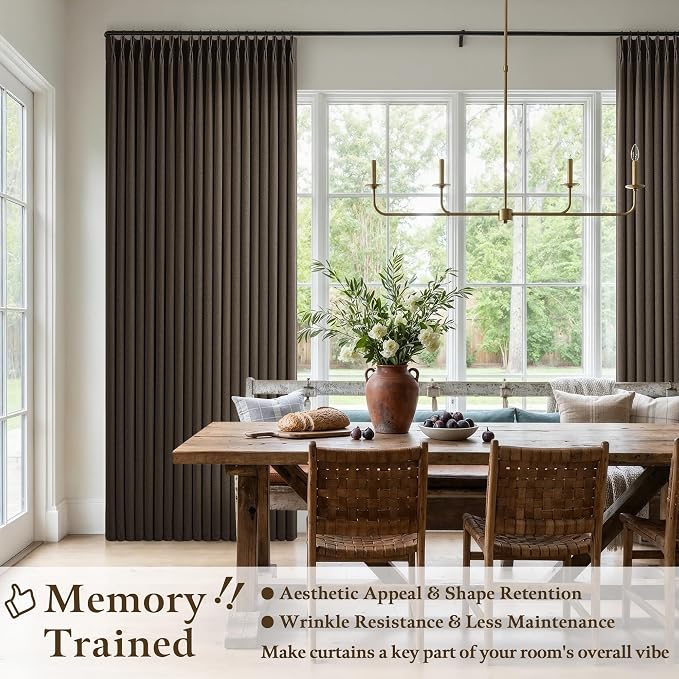 Chocolate Brown Pinch Pleated Curtains 90 Inches Long for Living Room Bedroom 2 Panels Linen Textured Luxury Modern Aesthetic Light Filtering Semi Sheer Pleat Window Drape Hooks Rings 40x90 Length