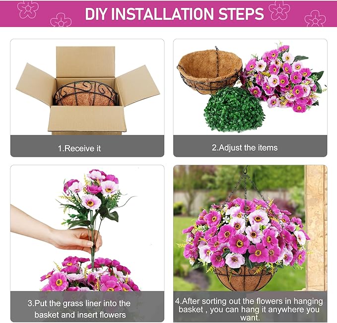 Ouddy Decor Artificial Hanging Flowers with Basket, Fake Silk Hanging Flowers in Coconut Lining Basket Faux Hanging Plants for Outdoor Indoor Spring Garden Porch Patio Balcony Home Decor, Red