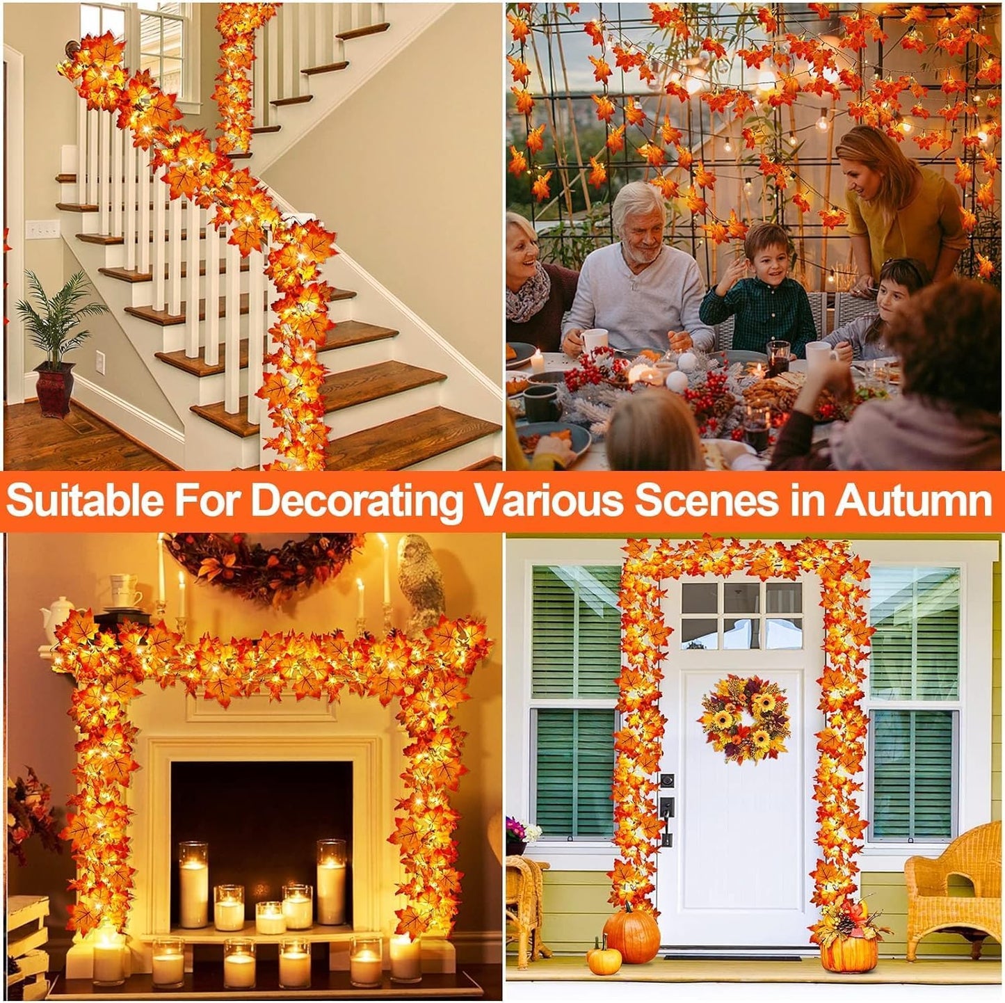 Timer & Thicker Leaves - 2 Pack Fall Garland with Lights Fall Hallowen Decorations Indoor Total 80 Leaves 40LED 13Ft Battery Operated Halloween Garland Thanksgiving Decor Home Indoor Outdoor Christmas