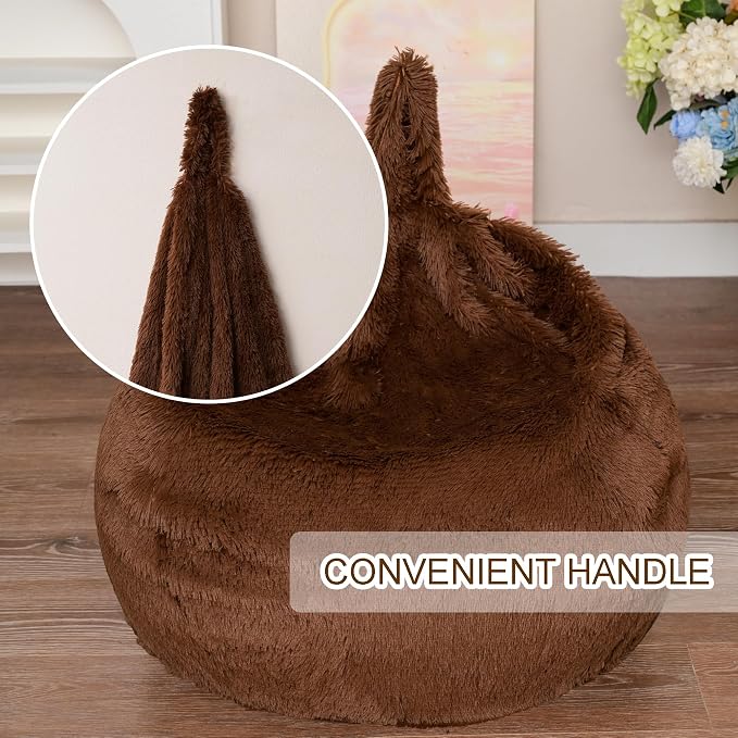 BCU Bean Bag Chairs for Kids and Adults Without Filler (Cover Only) Comfy Plush Fluffy Bean Bag Chair Cover Lazy Sofa Cover for Bedroom Living Room, Brown