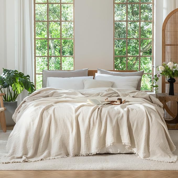 MooMee Muslin Blanket - 100% Cotton 4-Layer Gauze Throw Blanket with All-Around Fringe, Soft Breathable Lightweight Cooling Summer Blankets for Bed Couch (Beige,King 104" x 90")