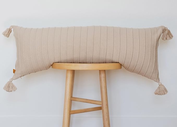 14x36 Cotton Knit Lumbar Pillow Cover – Ribbed Texture with Tassels, Decorative Accent for Bed or Sofa (Neutral)