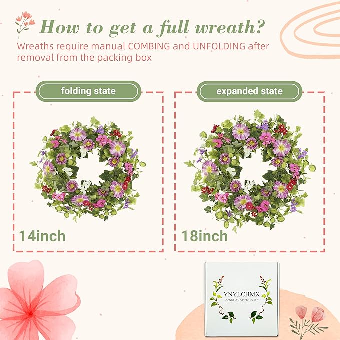 YNYLCHMX 18" Spring Summer Wreaths for Front Door, Artificial Floral Wreath with Pink Daisy & Green Eucalyptus Leaves, Green Foliage Wreath for Wall Window Farmhouse Party Holiday Home Decor