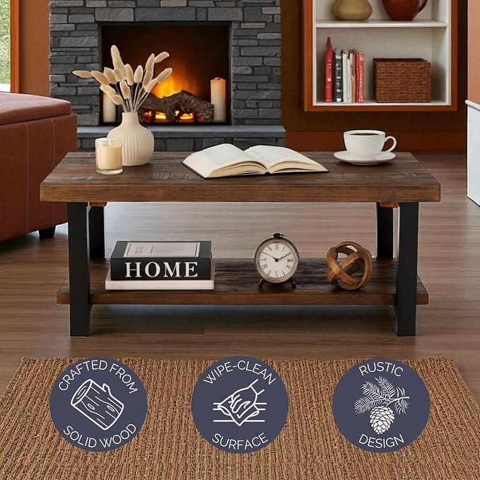 Alaterre Furniture Pomona Rustic Coffee Table with Storage Shelf - 42-Inch Industrial Modern Metal and Solid Wood Living Room Table - Easy Assembly Farmhouse Living Room Furniture (Rustic Natural) | Rectangular Center Table with Storage Shelf and Metal...