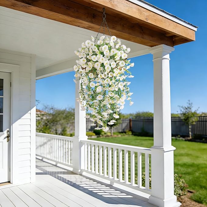 Fake Artificial Hanging Morning Glory Flowers for Outdoor Planters Porch Pation Decoration,2 Bundles UV Resistant Silk Faux Flowers with Realistic Eucalyptus Plants for Home Office Garden Decor(White)