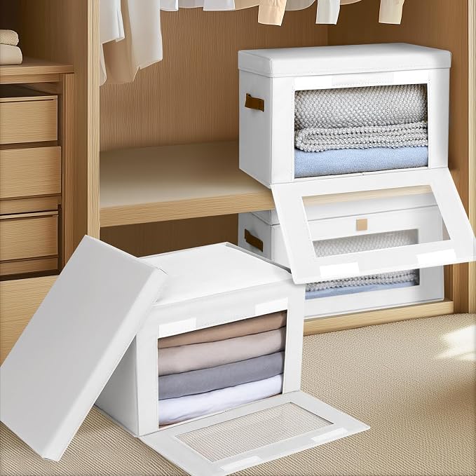 Homsorout Large Clothing Storage Bins - Collapsible Boxes with Handles & Window, Decorative Organizer Bins with Lids, Fabric Containers for Living Room, Dorm, 4 Pack, White