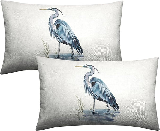 Watercolor Heron Lumbar Pillow Covers Pelican Throw Pillow Covers 12x20 Set of 2 Summer Bird Pattern Double Sided Printing Pillow Case for Farmhouse Patio Living Room, Cotton Linen