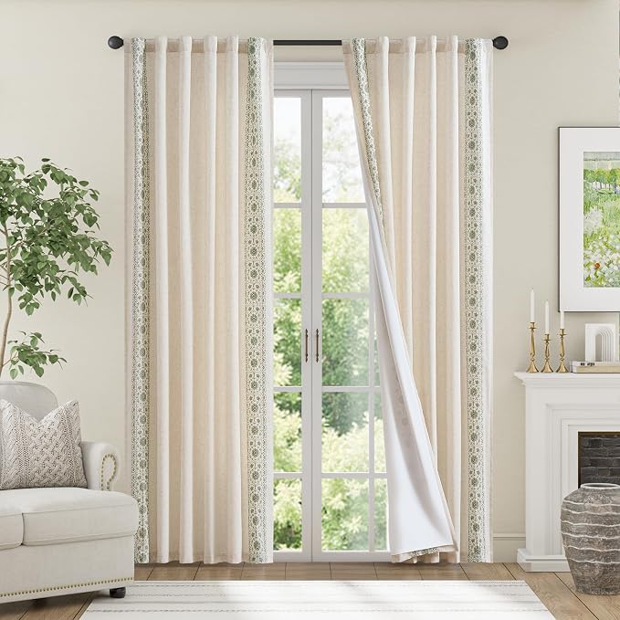 jinchan Weslie Boho Lined Linen Curtains for Bedroom Sage Green Vintage Floral Farmhouse Curtains 90 Inches Long Linen Drapes for Living Room Embroidered Drapes Sage on Beige 2 Panels