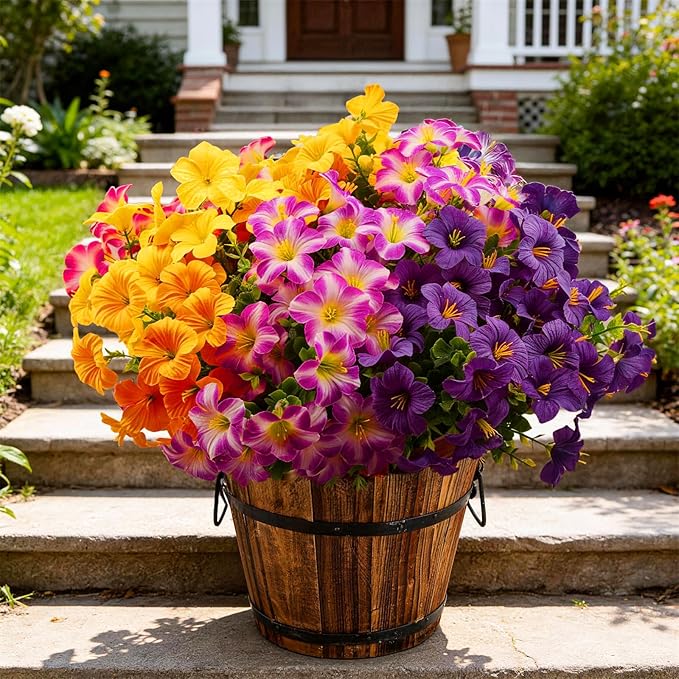 Artificial Flowers for Outdoors Fake Plants Outside, 16 Bundles Silk Morning Glory with Eucalyptus, UV Resistant Realistic Faux Flowers for Planters Porch Patio Garden Balcony Decor (4 Color)