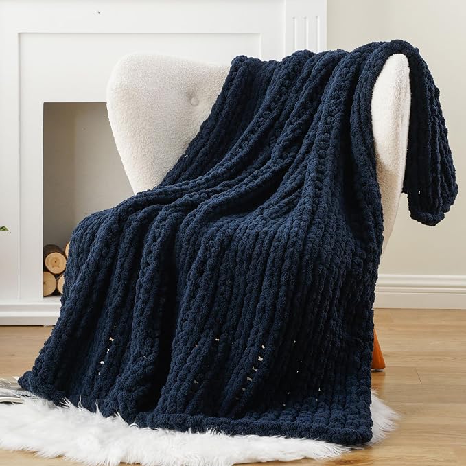 Battilo Navy Chunky Knit Throw Blanket, Soft and Thick Navy Blue Chenille Throw Blanket, 50"x60" Handmade Cable Knit Crochet Blanket, Rope Knot Knitted Throw Blankets for Couch Home Decor, Navy