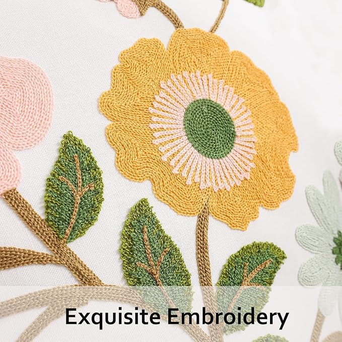 Spring Pillow Covers 18x18 Set of 2 Embroidery Throw Pillow Covers Yellow and Pink Flowers with Green Leaves Farmhouse Pillow Cushion Case Summer Foral Decorative Farm Pillowcases