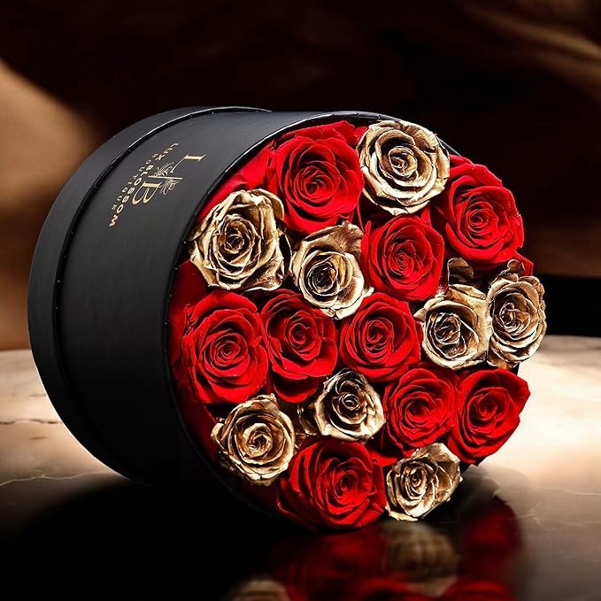 17 Forever Roses in a Box - Luxury Red & Gold Roses for Mothers Day, Gold Roses, Preserved Rose Gifts for Women, Mother's Day Flowers for Mom, Roses for Delivery Prime (Black Box)