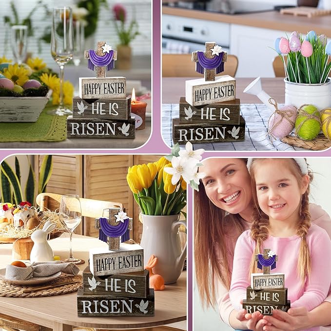 Yuntau 4 Pcs Easter Decorations He Is Risen Wooden Sign Christian Table Centerpiece Religious Cross Tiered Tray Decor Decorative Faux Book Stack Block for Table Fireplace Mantel Floating Shelf