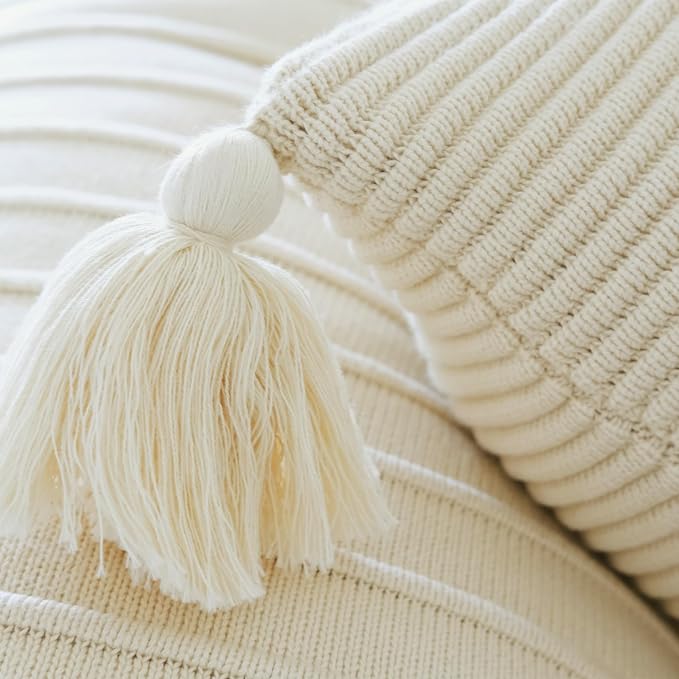 Lumi Lving Cozy Soft Cotton Throw Pillow Cover with Ribbed Knit Texture and Tassel Corners adds Light and Calm to Your Space (20x20, Oat Milk)