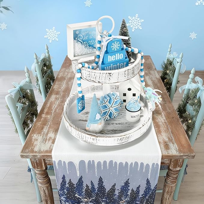 Winter Decoration for Home 8 PCS Tiered Tray Decor Set, Cute Christmas Blue Winter Decor for Shelf Mantel Office Indoor Table Centerpiece Snowflake Signs New Year Holiday Decorations Set