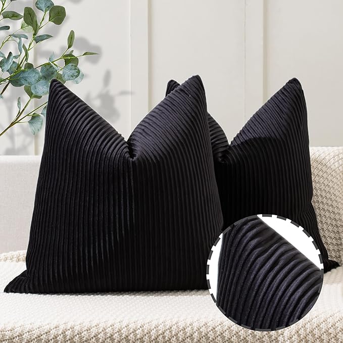 YCOLL Black Pillow Covers 16x16 Set of 2 Velvet Striped Pattern - Soft Throw Pillows for Home Decor, Luxury Decorative Pillow Covers for Couch, Bed,Living Room