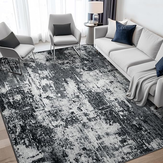RELEANY Washable Area Rugs 6'x8' Non-Slip Modern Abstract Soft for Living Room Entryway Bedroom Nursery, Print Pattern, Black Navy Blue Gray