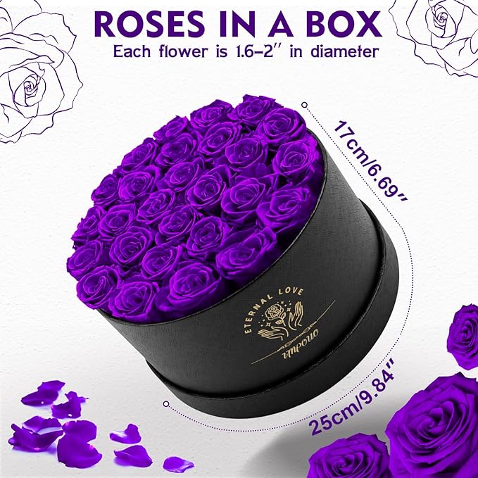 Impouo Forever Flowers, 27 Roses in A Box, Real Preserved Roses, Birthday Gift for Women, Mother's Day, Anniversary, Purple Rose