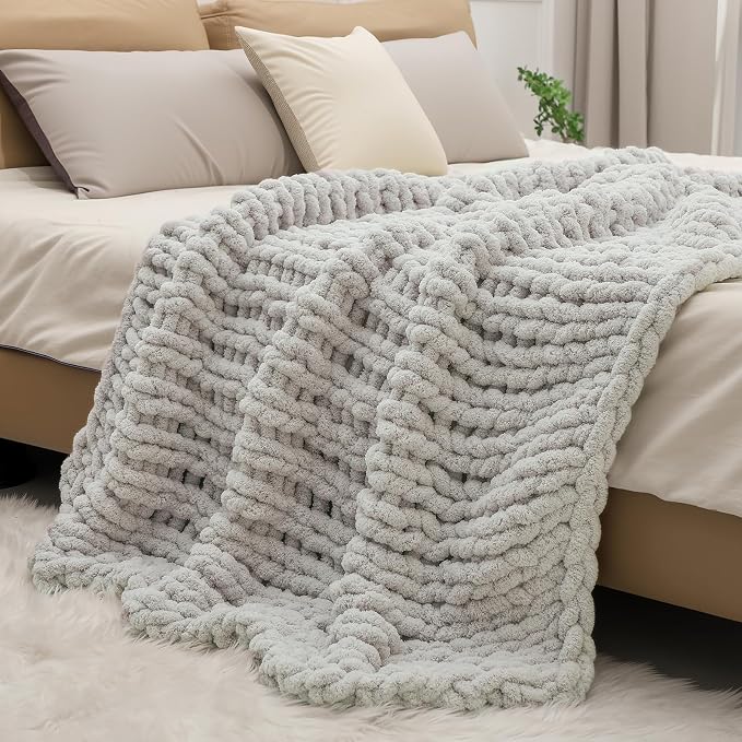 bearberry Chunky Knit Throw Blanket 60x80 Inches Handmade, Soft Jumbo Chenille Yarn with Cable Rope Knot Design | Thick Cozy Large Blanket for Couch, Sofa, Bed & Living Room Home Decor | Light Grey