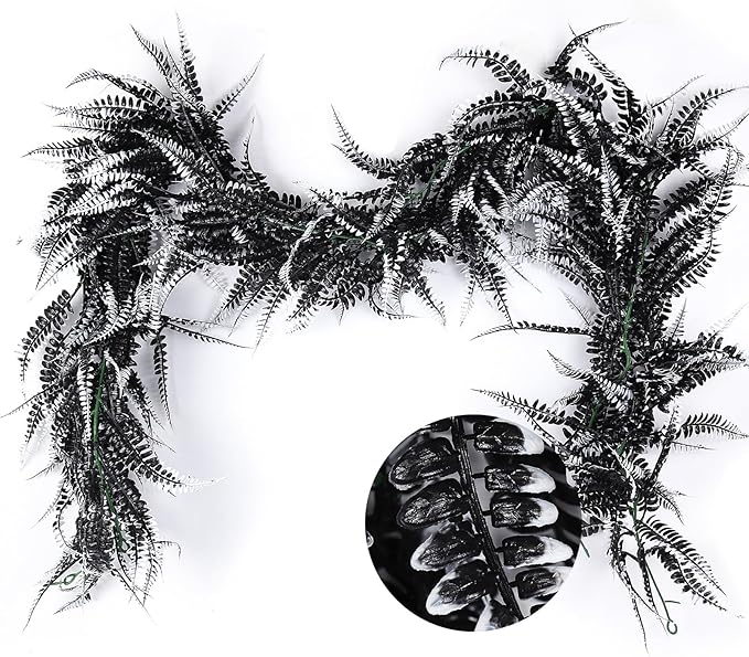 RECUTMS 2pcs Black Garland Artificial Boston Palnts 6 FT Fern Garland Faux Hanging Greenery Halloween Wreath for Outdoor Indoor Halloween Decor (Black+White)