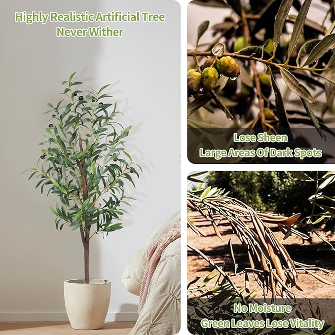 Artificial Olive Tree, 4FT Tall Faux Olive Trees 48in Outdoor Fake Potted Silk Plant with Trunk and Realistic 436 Leaves and 16 Fruits for Modern Office Home Decor（1pack）