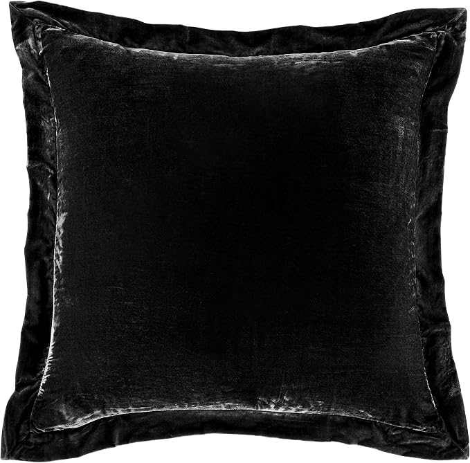 HiEnd Accents Stella Faux Silk Velvet Flanged Euro Sham Pillow Cover, 27x27 inch, Black, Romantic Western Modern Traditional Style Luxury Bedding