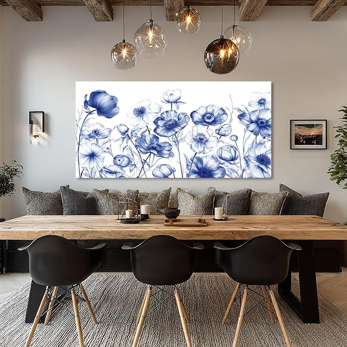 Ggaafet Navy Blue Sketch Flowers Wall Art for Living Room Canvas Oil Painting Prints Beautiful Floral Blooming Art Deco Pretty Artwork Office Bedroom Family Dining Room Decor Extra Large