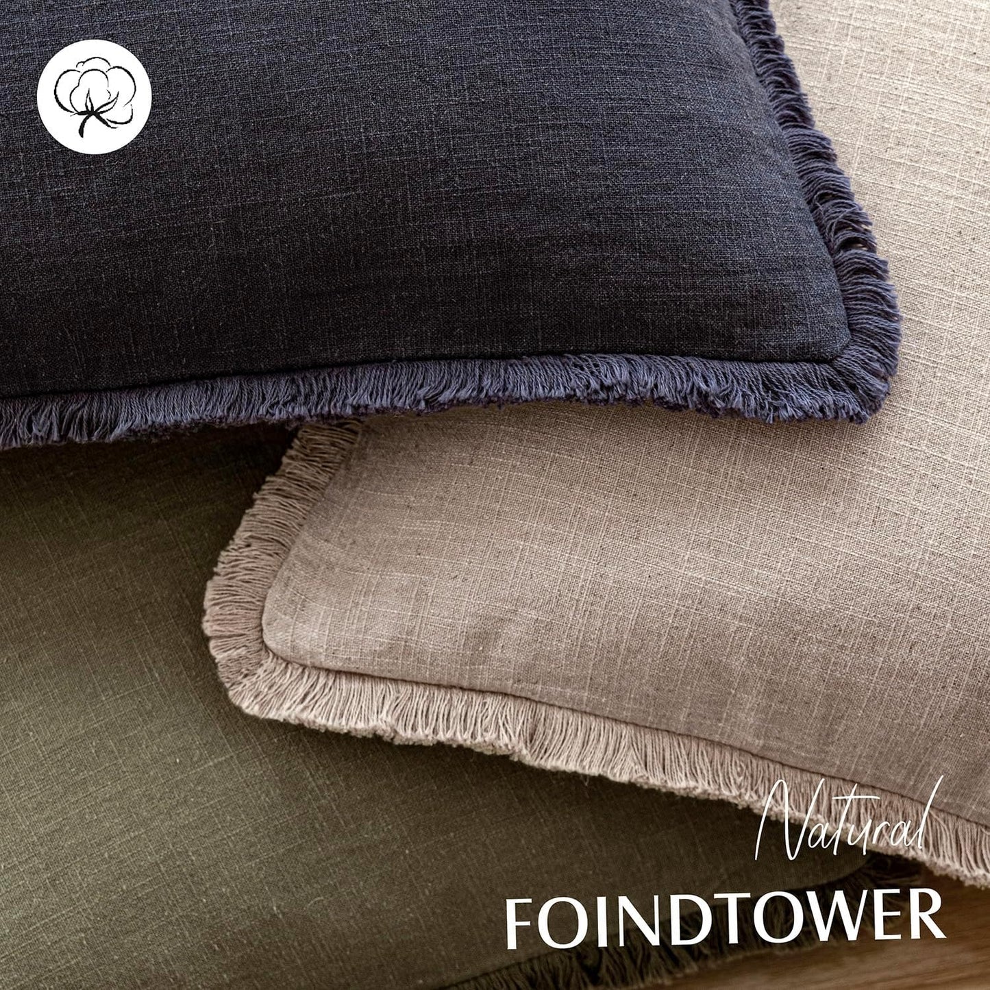 Foindtower Set of 2 Decorative Linen Fringe Throw Pillow Covers Farmhouse Cushion Cover with Tassels Soft Accent Pillowcase for Couch Chair Sofa Bed Living Room Home Decor,18×18 Inch,Natural Linen