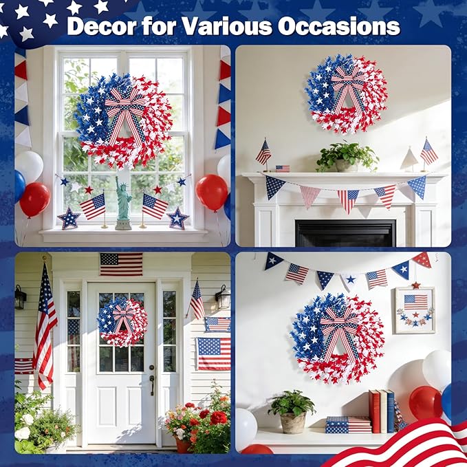 22 inch Patriotic Wreath, 4th of July Wreaths for Front Door, Red White Blue Anniversary Independence Day Memorial Day Wreath Indoor Outdoor Decor