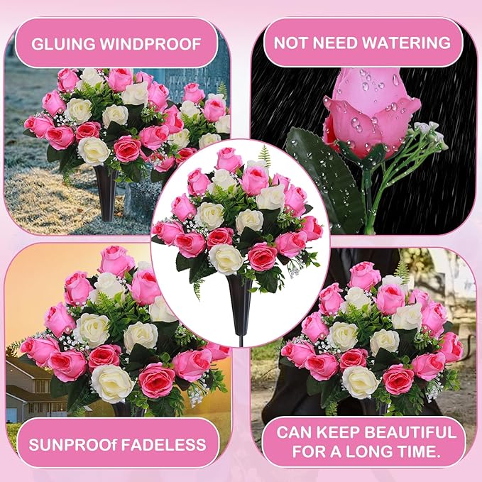 Lodou Set of 2 Artificial Cemetery Flowers, Memorial Flowers Bouquet,Grave Memorial Flowers with Vase for Cemetery Headstones Decoration (Pink White)