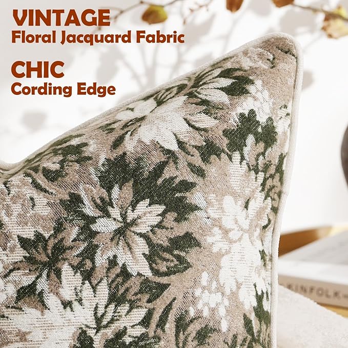 DEZENE Pack of 2 Vintage Floral Euro Sham Covers 26x26 Boho Farmhouse Accents Chenille Square Decorative Throw Pillow Cases for Living Room Couch Bed Home Decor, Green and Taupe