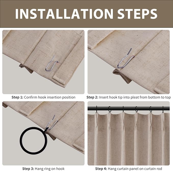 Sand Beige Pinch Pleated Linen Curtains 84 Inches Long 2 Panels Set for Living Room Bedroom Modern Farmhouse Boho Semi Sheer Light Filtering Back Tab Draps with Hooks Rings 84 Inch Length for Nursery