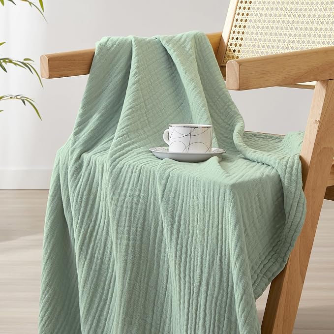 David's Home Soft Muslin Blanket King Size for Adults, 60% Rayon 40% Cotton, Breathable Lightweight Cooling Blanket for Hot Sleepers, 4-Layer Cozy Gauze for Bed, 108"x90", Sage Green