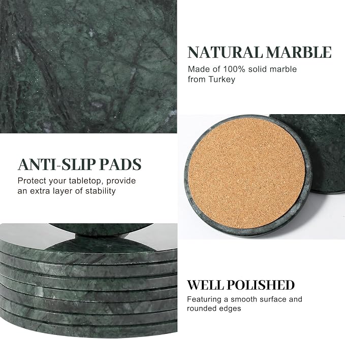 Koville Marble Coasters, Round Modern Coaster Set of 8 for Drinks, 4" Stone Coaster Heat Resistant, Decorative Marble Coasters for Coffee Table Home Bar Decor, Gift Choice(Green)
