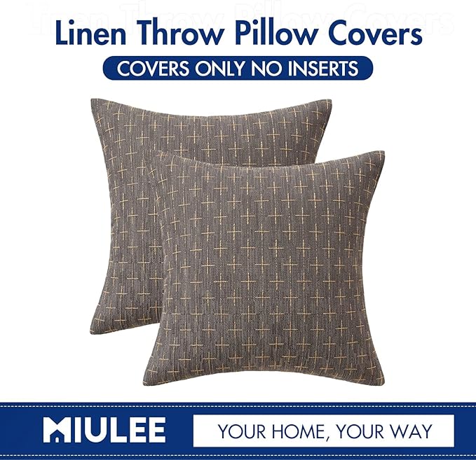 MIULEE Pack of 2 Decorative Burlap Linen Euro Sham Throw Pillow Covers Modern Farmhouse Vintage Pillowcase Rustic Woven Textured Cushion Cover for Sofa Couch Bed 26x26 Inch Dark Grey