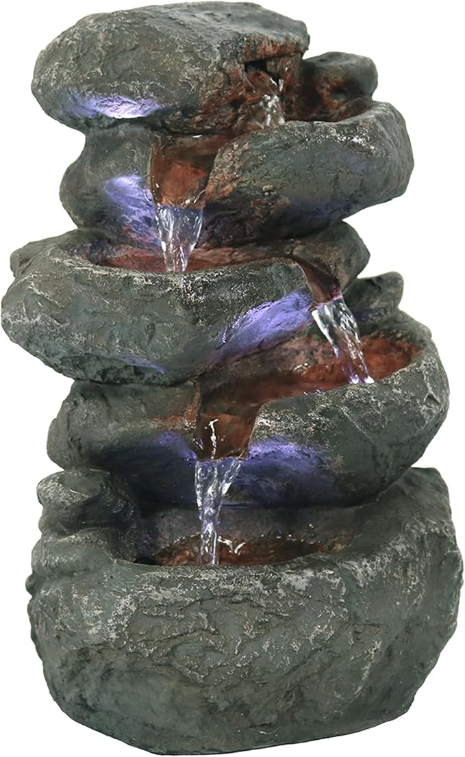 Sunnydaze Tabletop Water Fountain - Stacked Rocks 10.5 Inch Relaxing Desktop Water Fountain with LED Lights - Office, Bedroom, Living Room