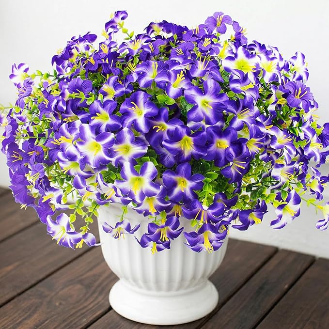 Daynight 16 Pcs Faux Petunias Artificial Flowers for Outdoors, UV Resistant Fake Purple Petunias Plants Realistic Silk Flowers for Porch Front Door Garden Window Outside Decor (16, Purple)