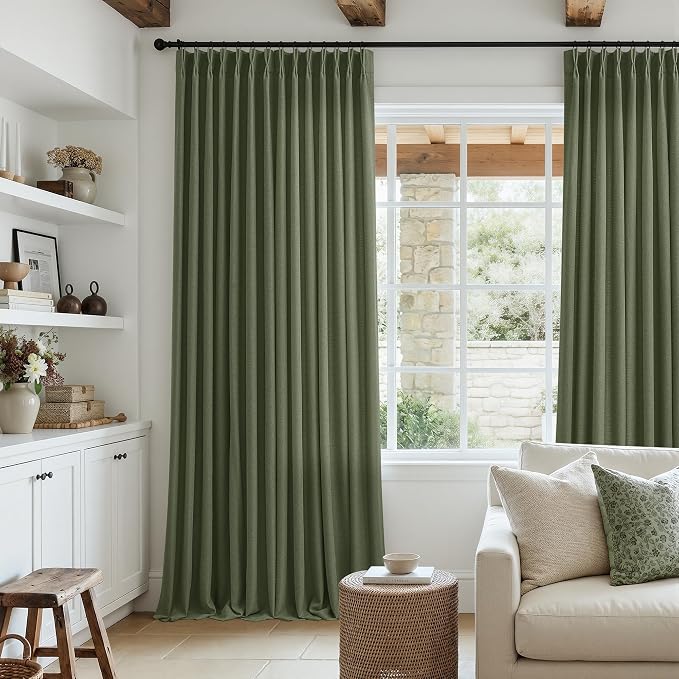 Olive Green Pinch Pleated Linen Curtains 84 Inch Length 2 Panels for Living Room Bedroom Aesthetic Pinch Pleat Back Tab Light Filtering Semi Sheer Loden Pleated Drapes Farmhouse Boho 40x84 Long
